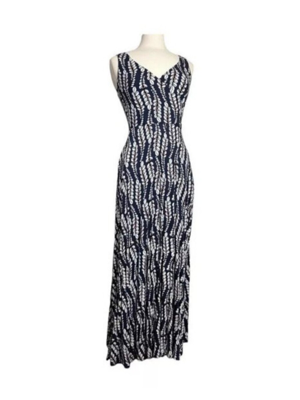 Boden Navy White Leaf Maxi Long Summer Sleeveless Dress 8R Summer Spring Stretch